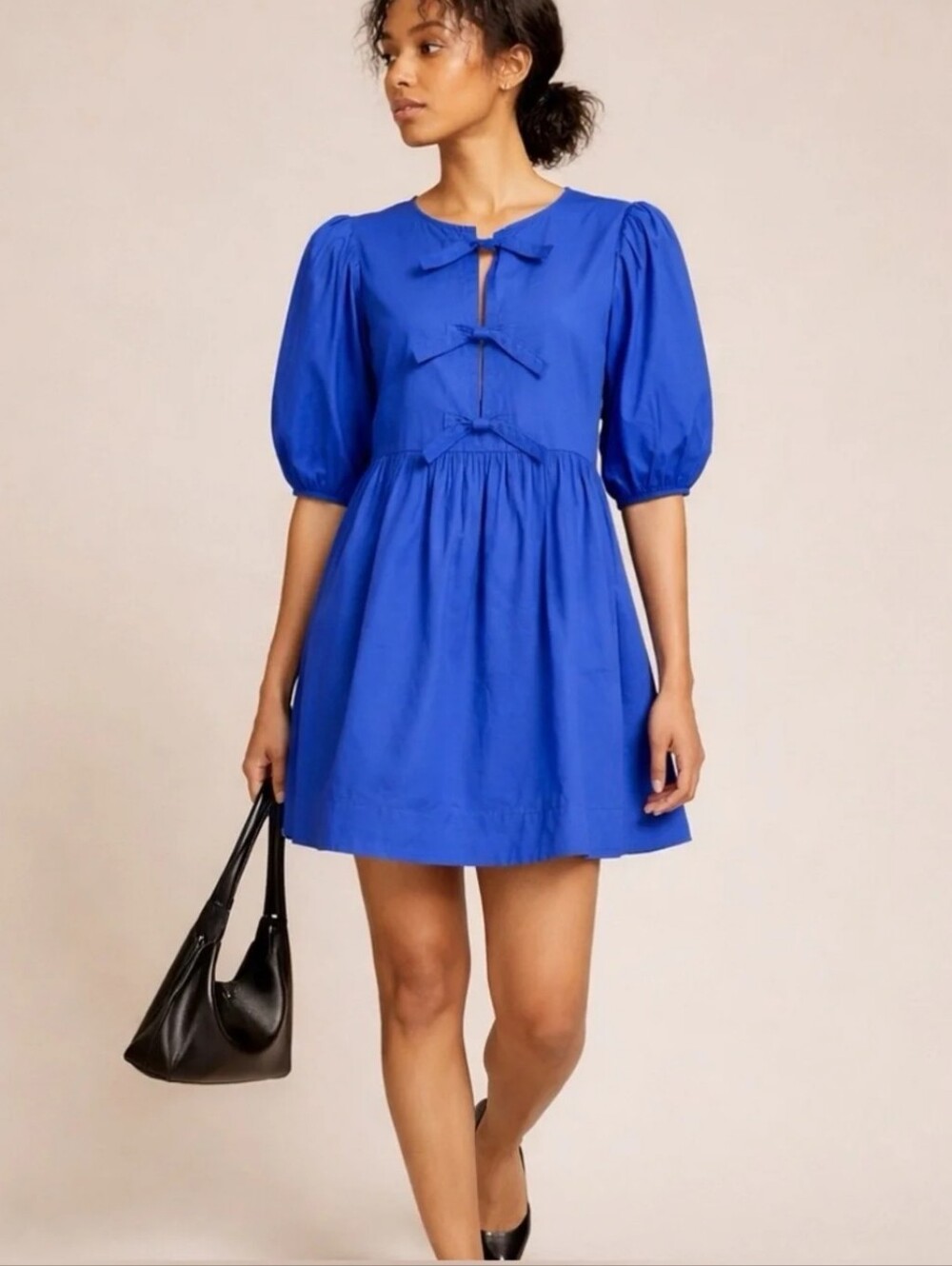 Band Of The Free Blue Puff-Sleeve Mini Dress with Bow Details 100% Cotton